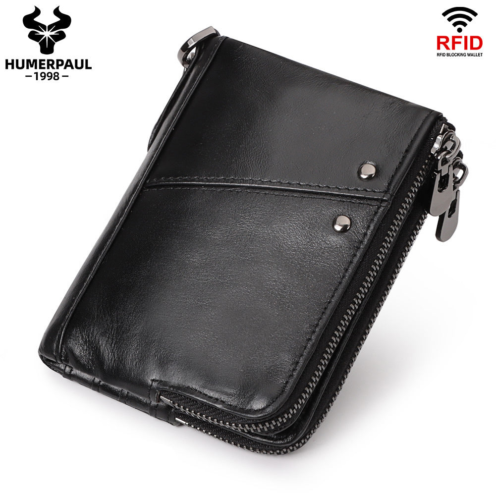 Genuine Leather Mens Wallet Double Zipper - RFID Blocking Bifold Card Holder with Coin Pocket - Black Gift for Him