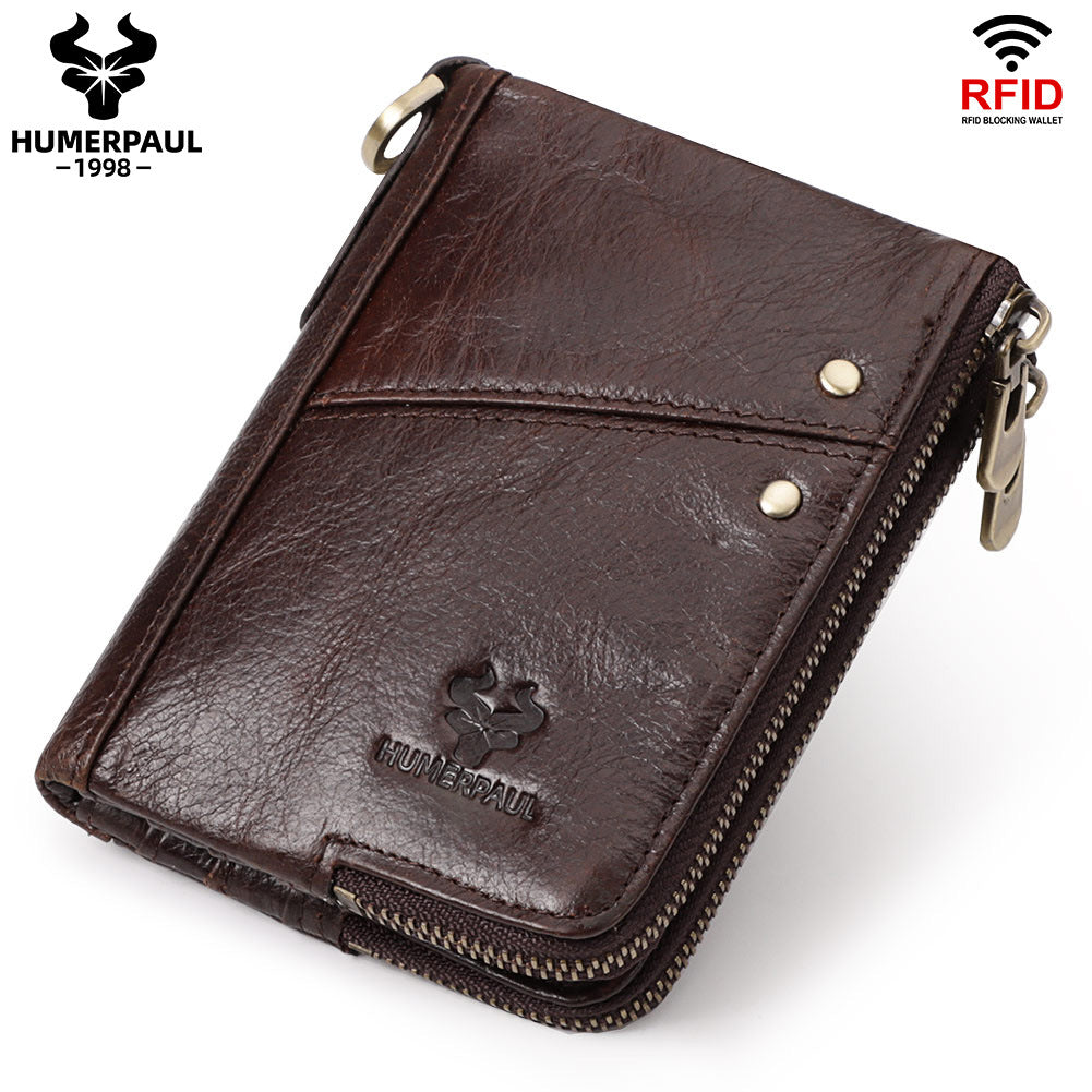 Genuine Leather Double Zipper Wallet - Brown RFID Blocking Bifold Card Holder - Vintage Cowhide Purse with Coin Pockets (13cm)