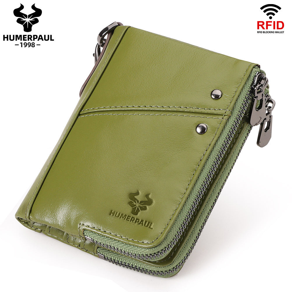 Genuine Leather Double Zipper Wallet - Green RFID Blocking Bifold Card Holder - Vintage Cowhide Purse with Coin Pockets (13cm)