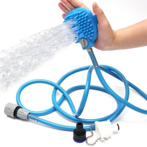 2-in-1 Pet Bathing Tool & Massager - Handheld Silicone Shower Sprayer Scrubber for Dogs & Cats - 2.2m Hose with Indoor & Outdoor Tap Adapters - Blue Grooming Kit