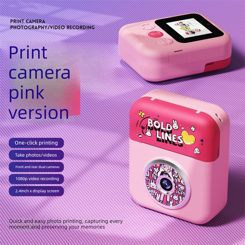 Kids Instant Print Camera with 3 Paper Rolls - Zero Ink Thermal Digital Camera & Video Recorder - 1080P Dual Lens Selfie Toy for Boys & Girls - Pink