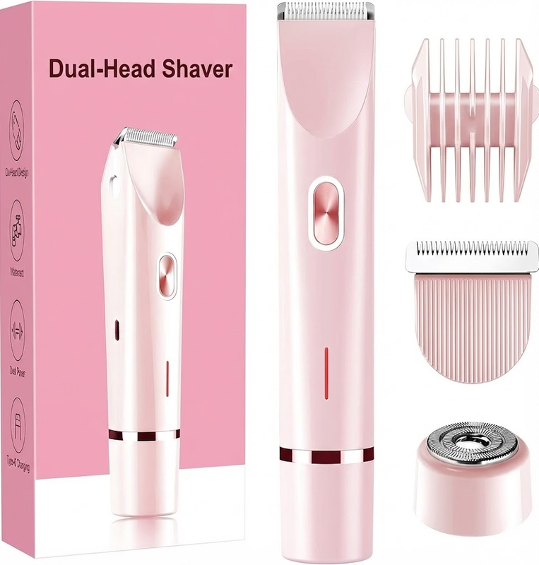 2-in-1 Electric Lady Shaver & Bikini Trimmer Dual Head Waterproof Wet & Dry Body Hair Remover Cordless Razor for Face Legs Underarms Pink