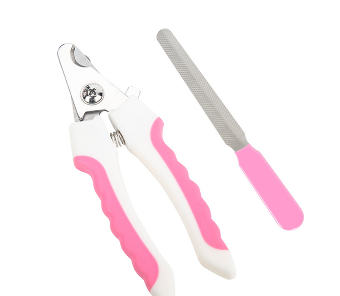 Pet Nail Clippers & File Set for Small Dogs Cats Stainless Steel Claw Trimmer with Safety Guard Non-Slip Handle Grooming Tool White & Pink