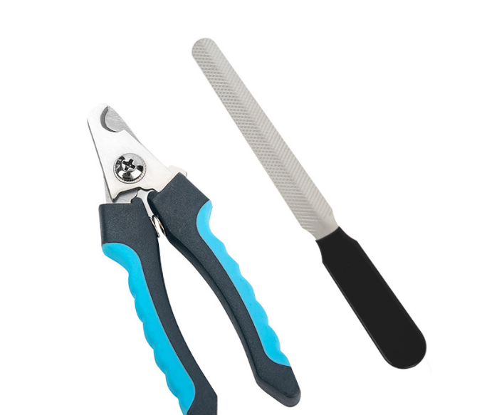Pet Nail Clippers & File Set for Small Dogs Cats Stainless Steel Claw Trimmer with Safety Guard Non-Slip Handle Grooming Tool Black & Blue