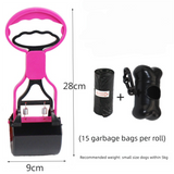 Portable Pet Pooper Scooper 28cm Handheld Dog Waste Jaw Claw Picker with Bone Dispenser & Waste Bags Pink