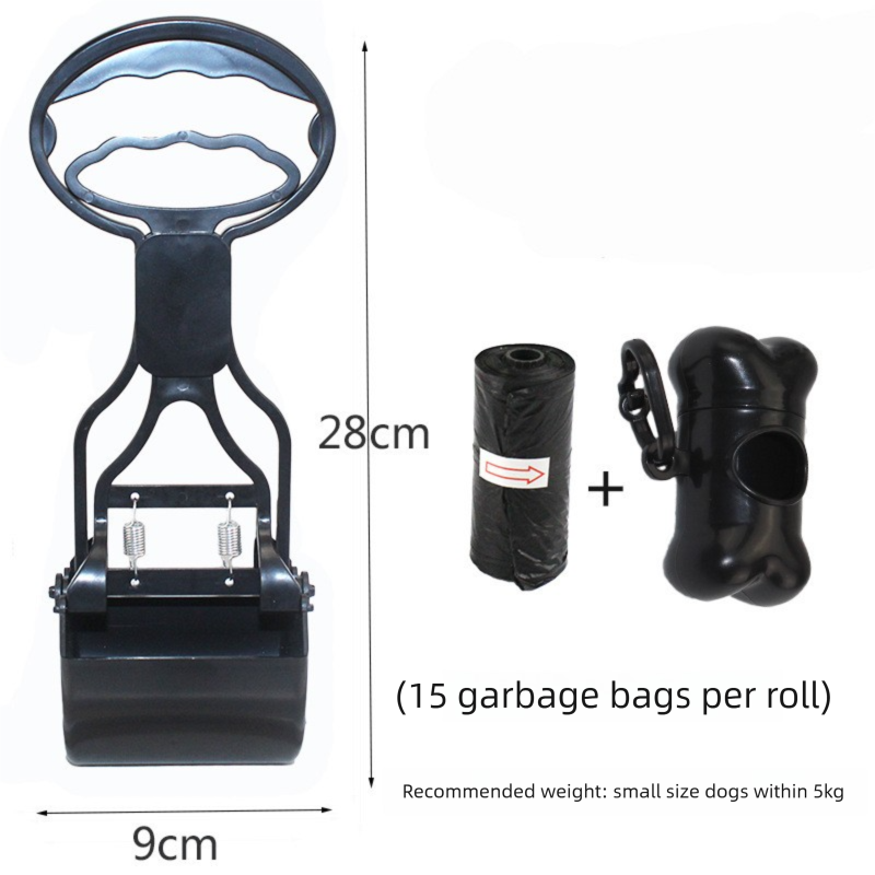 Portable Pet Pooper Scooper 28cm Handheld Dog Waste Jaw Claw Picker with Bone Dispenser & Waste Bags Black