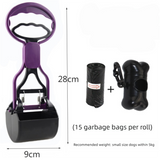 Portable Pet Pooper Scooper 28cm Handheld Dog Waste Jaw Claw Picker with Bone Dispenser & Waste Bags Purple