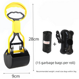 Portable Pet Pooper Scooper 28cm Handheld Dog Waste Jaw Claw Picker with Bone Dispenser & Waste Bags Yellow