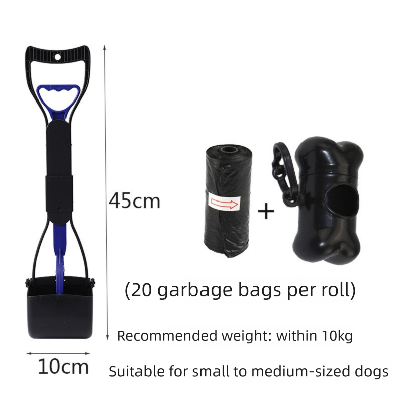 Medium Foldable Pet Pooper Scooper 45cm Portable Dog Waste Jaw Clamp with Bone Dispenser & 20 Bags Blue