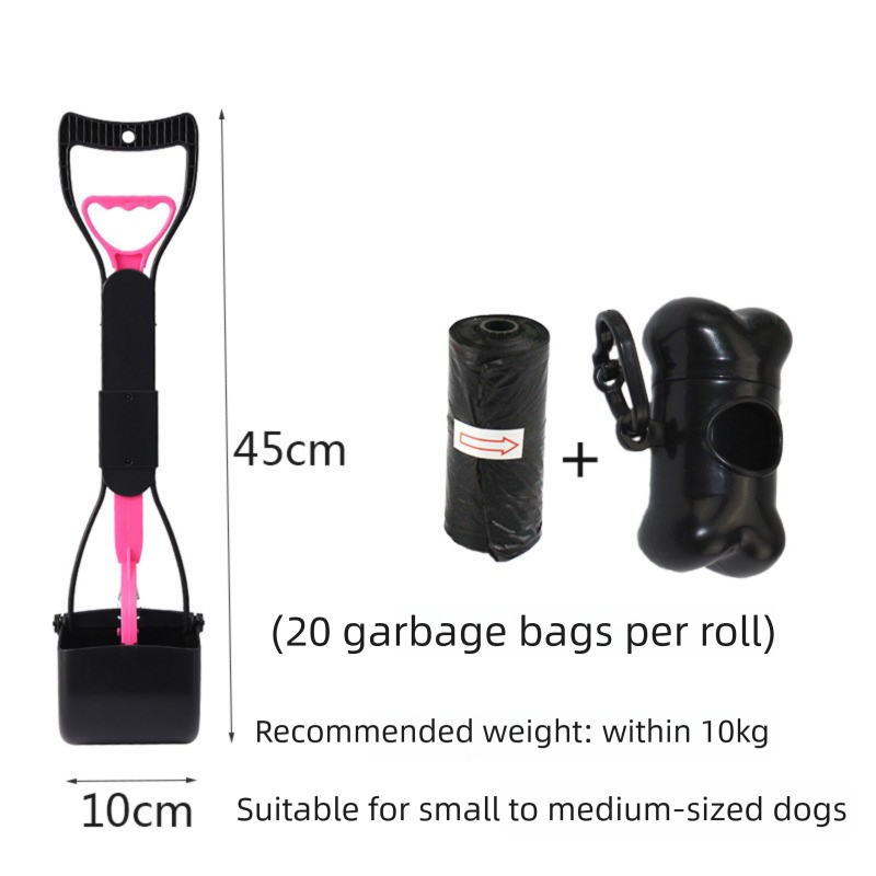 Medium Foldable Pet Pooper Scooper 45cm Portable Dog Waste Jaw Clamp with Bone Dispenser & 20 Bags Pink
