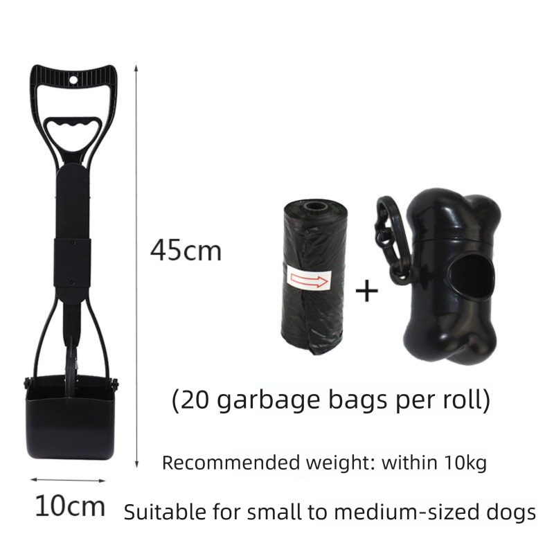 Medium Foldable Pet Pooper Scooper 45cm Portable Dog Waste Jaw Clamp with Bone Dispenser & 20 Bags Black