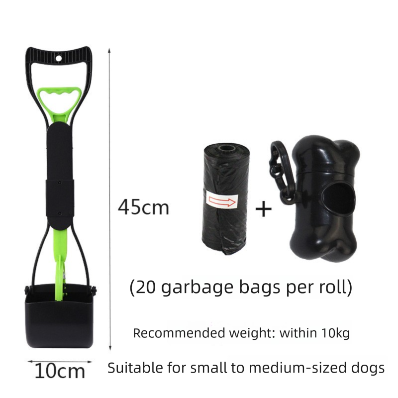 Medium Foldable Pet Pooper Scooper 45cm Portable Dog Waste Jaw Clamp with Bone Dispenser & 20 Bags Green