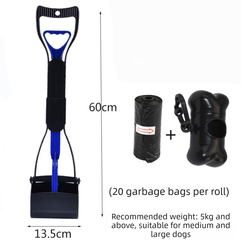 Large Foldable Pet Pooper Scooper 60cm Long Handle Dog Waste Picker Jaw Clamp with Bone Dispenser & Bags Blue