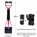 Large Foldable Pet Pooper Scooper 60cm Long Handle Dog Waste Picker Jaw Clamp with Bone Dispenser & Bags Pink