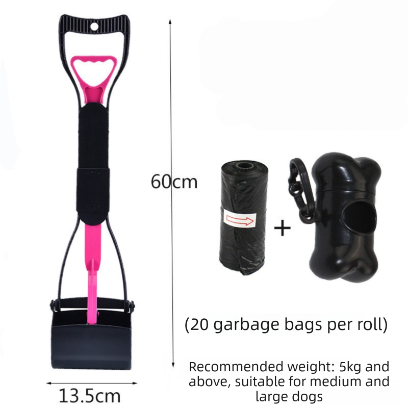 Large Foldable Pet Pooper Scooper 60cm Long Handle Dog Waste Picker Jaw Clamp with Bone Dispenser & Bags Pink