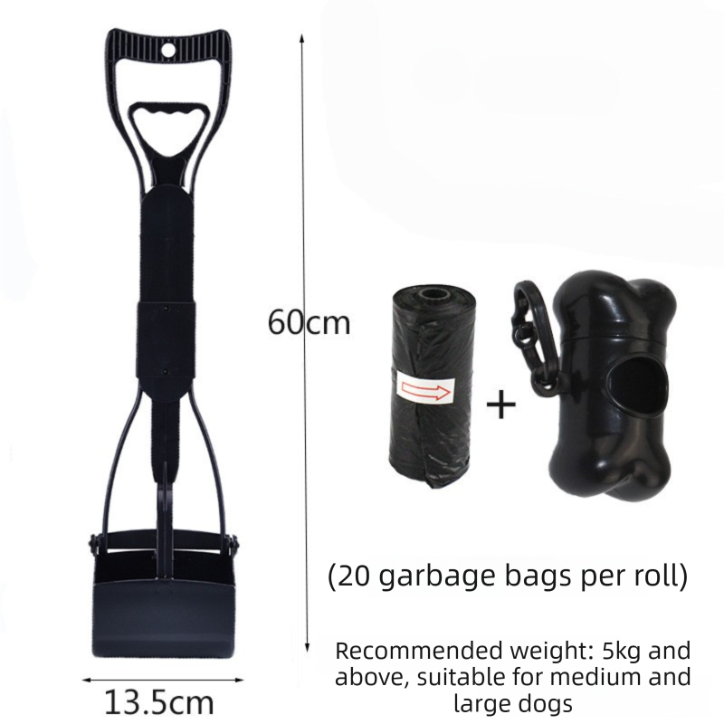 Large Foldable Pet Pooper Scooper 60cm Long Handle Dog Waste Picker Jaw Clamp with Bone Dispenser & Bags Black