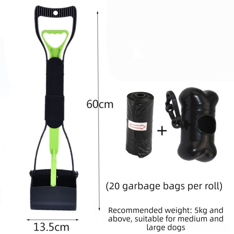 Large Foldable Pet Pooper Scooper 60cm Long Handle Dog Waste Picker Jaw Clamp with Bone Dispenser & Bags Green