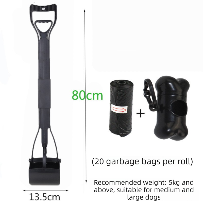 Super Long 80cm Foldable Pet Pooper Scooper Heavy Duty Dog Waste Picker No Bending Jaw Clamp with Dispenser & Bags Black