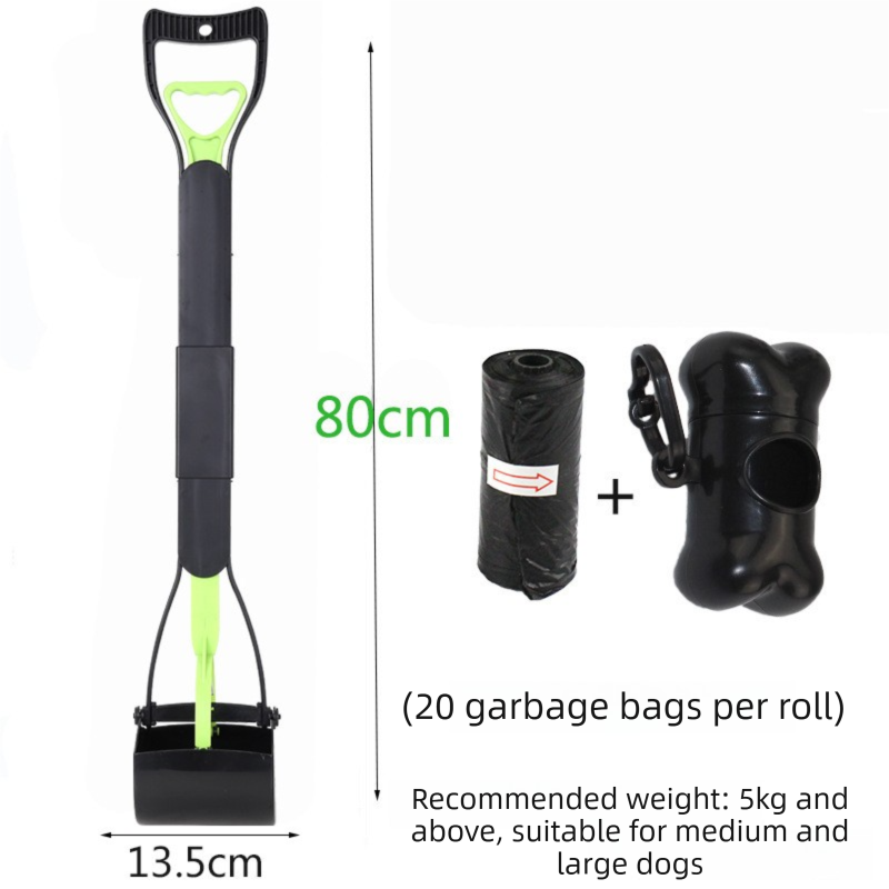 Super Long 80cm Foldable Pet Pooper Scooper Heavy Duty Dog Waste Picker No Bending Jaw Clamp with Dispenser & Bags Green