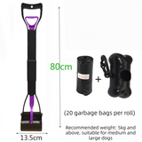Super Long 80cm Foldable Pet Pooper Scooper Heavy Duty Dog Waste Picker No Bending Jaw Clamp with Dispenser & Bags Purple