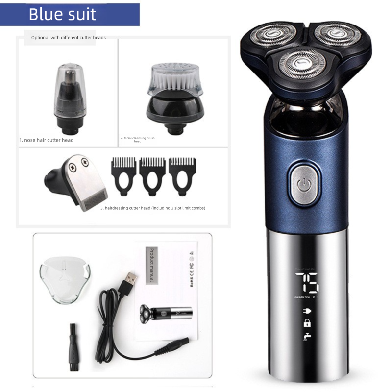 Electric Shaver for Men 3D Rotary Razor Wet and Dry Waterproof USB Rechargeable LED Display Travel Lock Gift Box Blue