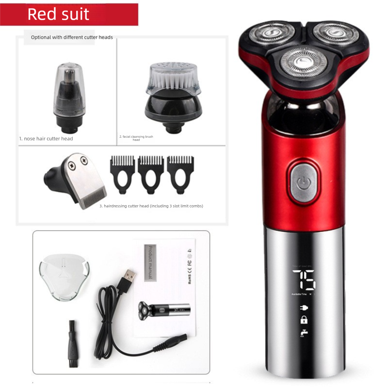 Electric Shaver for Men 3D Rotary Razor Wet and Dry Waterproof USB Rechargeable LED Display Travel Lock Gift Box Red