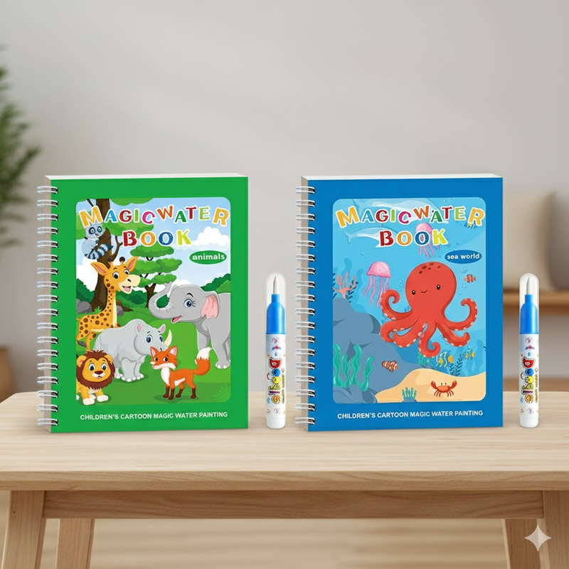 2 PCS Magic Water Colouring Book Animals & Sea World Themes Reusable Painting Activity Set Mess Free Travel Toy for Kids