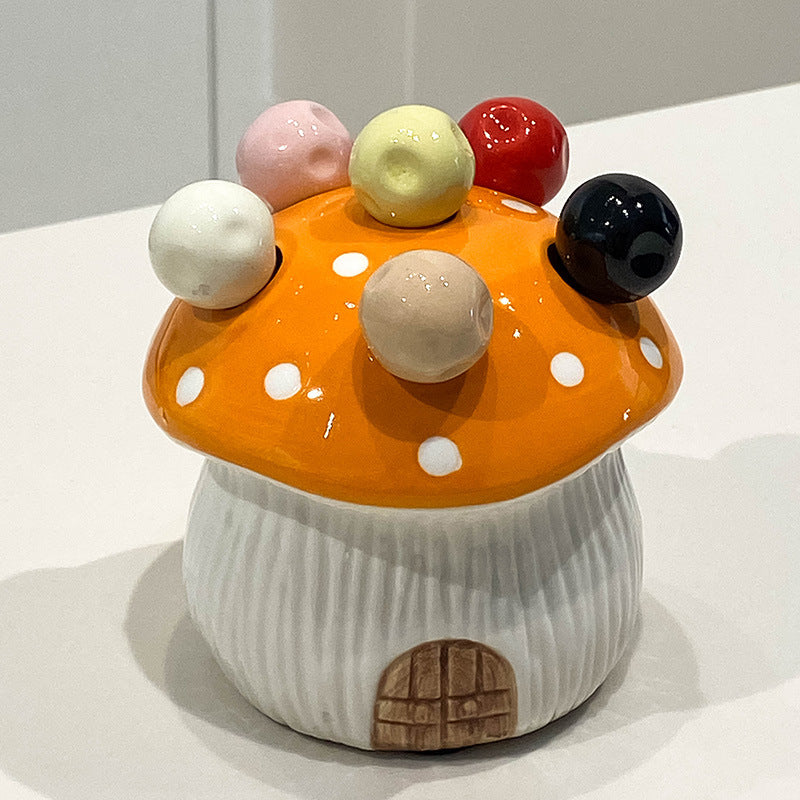 Orange Cute Cartoon Mushroom Mirror Polished Cutlery Jar with 6-Piece Stainless Steel Fruit Fork Set - Dessert Picks/Appetizer Forks