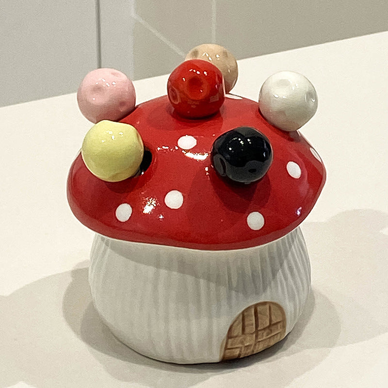 Red Cute Cartoon Mushroom Mirror Polished Cutlery Jar with 6-Piece Stainless Steel Fruit Fork Set - Dessert Picks/Appetizer Forks