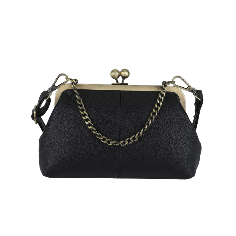 Black Retro Women's Shell Handbag - European Style Clip Lock Closure PU Clutch/Shoulder Bag with Chain Strap