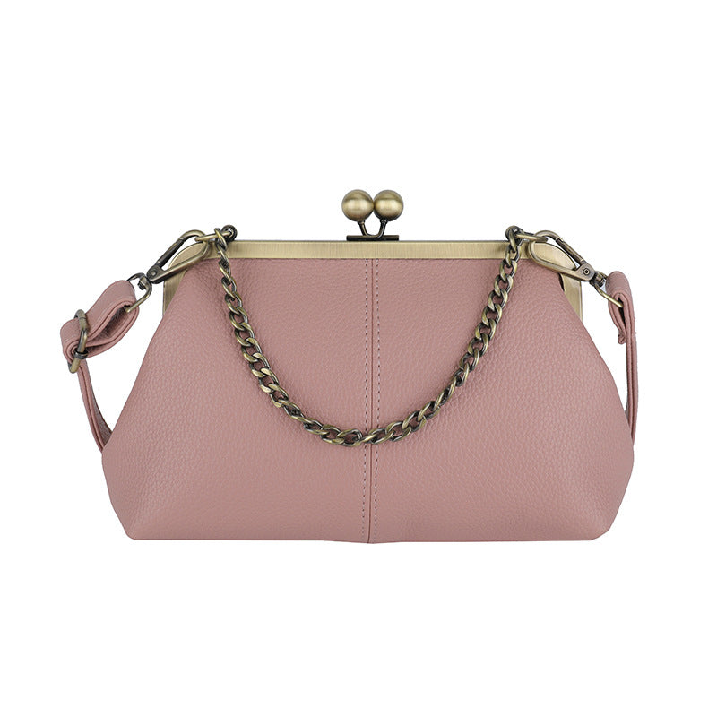 Pink Retro Women's Shell Handbag - European Style Clip Lock Closure PU Clutch/Shoulder Bag with Chain Strap