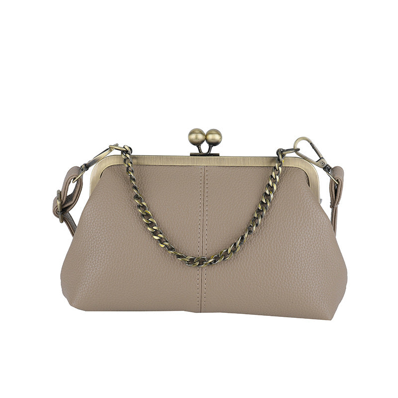 Khaki Purple Retro Women's Shell Handbag - European Style Clip Lock Closure PU Clutch/Shoulder Bag with Chain Strap
