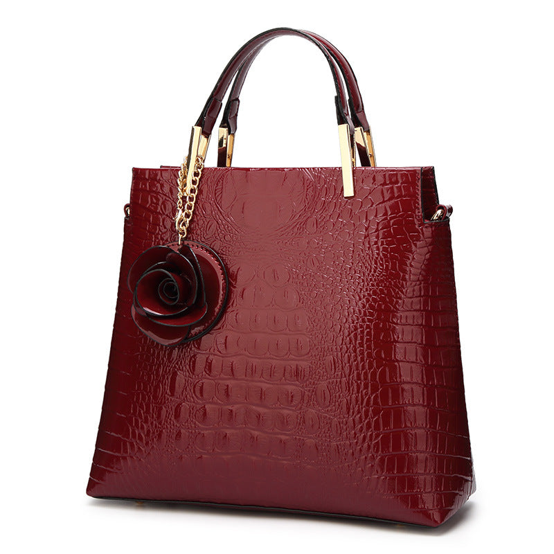 Wine Red Patent PU Leather Crocodile Embossed Shell Bag(30 x 11 x 26 CM) with Floral Pendant