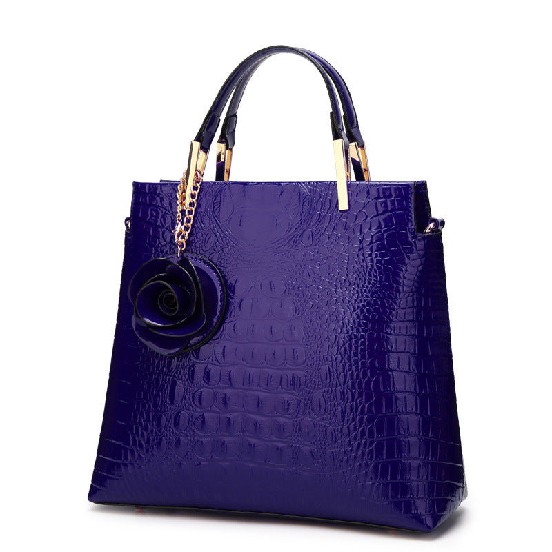 Dark Blue Patent PU Leather Crocodile Embossed Shell Bag(30 x 11 x 26 CM) with Floral Pendant