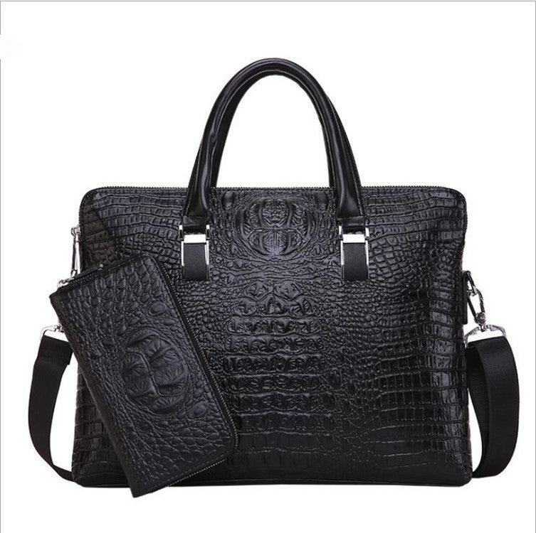 Black Men's Luxury Crocodile Embossed PU Leather Briefcase(39 x 8 x 28 CM) With FREE Crocodile Wallet - Dual-Zip Business Shoulder/Crossbody Laptop Bag (Fits 14-inch)