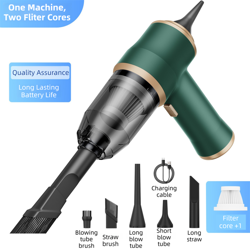 4-in1 Green Wireless Compact Handheld Car Vacuum Cleaner & Air Duster  with 5 Nozzles/Brushes- 15000 Pa Ultra-Powerful Blower/Suction Tool for Auto, Home & Office