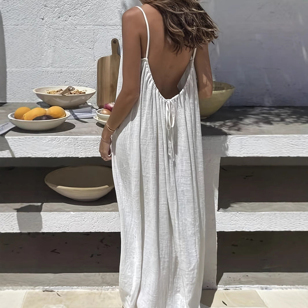 White Women's Crinkle Ice Silk Backless Cami Maxi Dress(Size S) - Loose Fit Lounge Nightgown Slip Dress, Casual Resort Wear