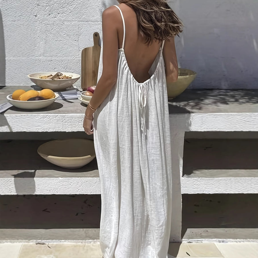 White Women's Crinkle Ice Silk Backless Cami Maxi Dress(Size S) - Loose Fit Lounge Nightgown Slip Dress, Casual Resort Wear