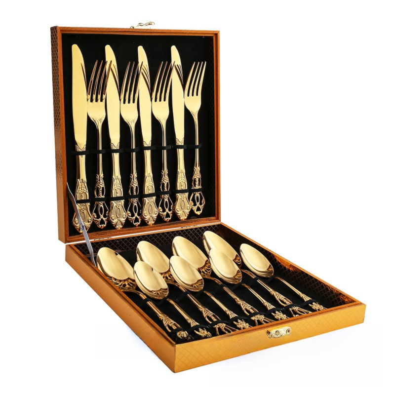 4Set / 16PCS Gold Royal Court Cutlery Set - Vintage Hollow Engraved 410 Stainless Steel Dinnerware with Gift Box