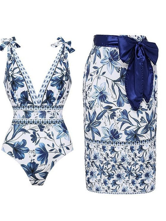 XXL Size Blue Print Women's Sexy One-Piece Swimsuit Set With Matching Wrap Skirt  - European/American Style Bikini with Built-in Pads