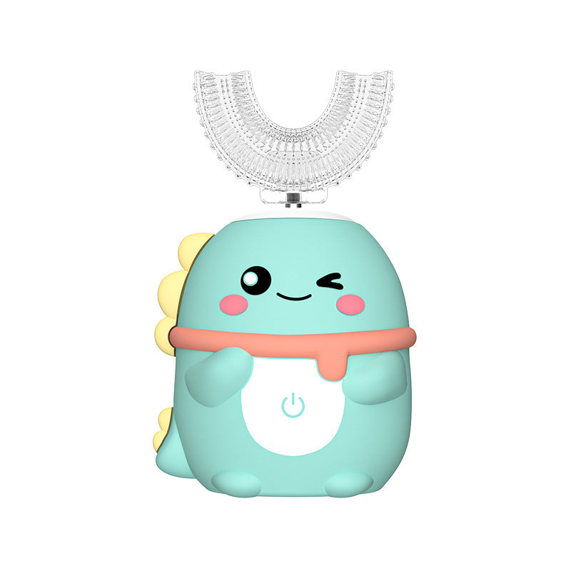 Green Dinosaur 360° U-Shaped Electric Toothbrush Set for Children 2-6 Years Old - Silicone Soft Bristle Oral Cleaner with 6 Modes & 3 Small Brush Heads