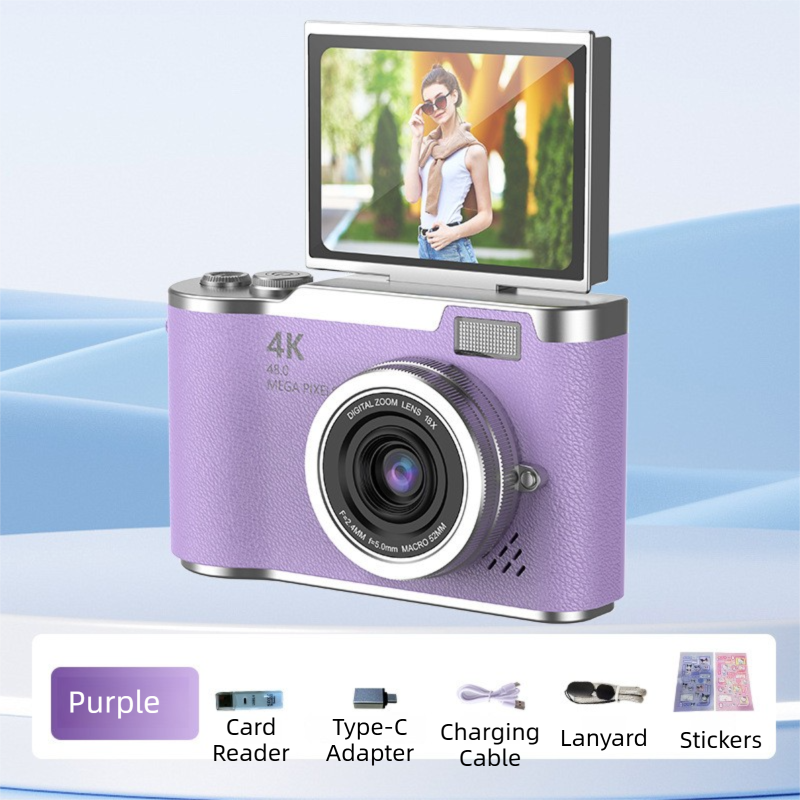 Purple 4K Compact Digital CCD Camera for Vlogging & Students - Portable Point and Shoot with 2.4-inch Rotating Screen, 8X Optical Zoom, and Anti-Shake