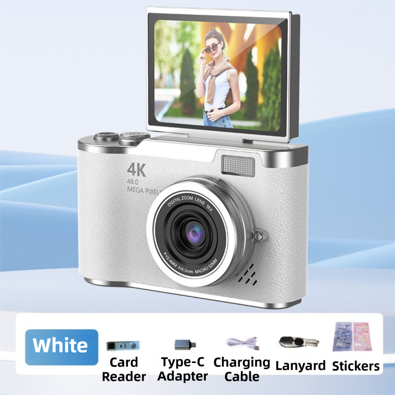 White 4K Compact Digital CCD Camera for Vlogging & Students - Portable Point and Shoot with 2.4-inch Rotating Screen, 8X Optical Zoom, and Anti-Shake