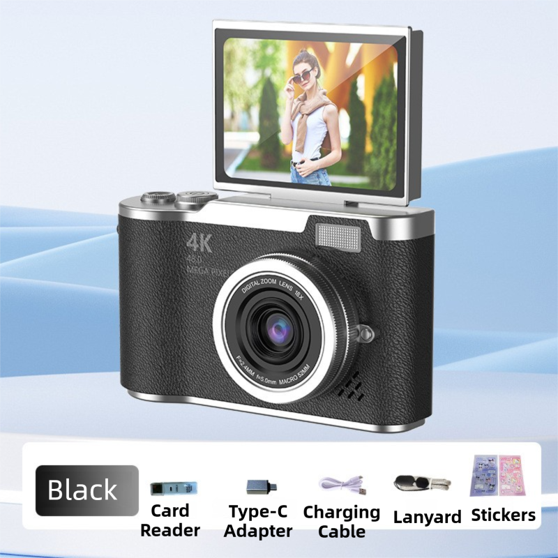 Black 4K Compact Digital CCD Camera for Vlogging & Students - Portable Point and Shoot with 2.4-inch Rotating Screen, 8X Optical Zoom, and Anti-Shake