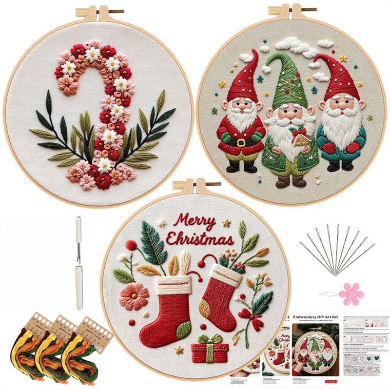 Christmas Embroidery DIY Kit with 20CM Faux Bamboo Hoop - Nordic Style Cross Stitch Material Pack (Style 1)