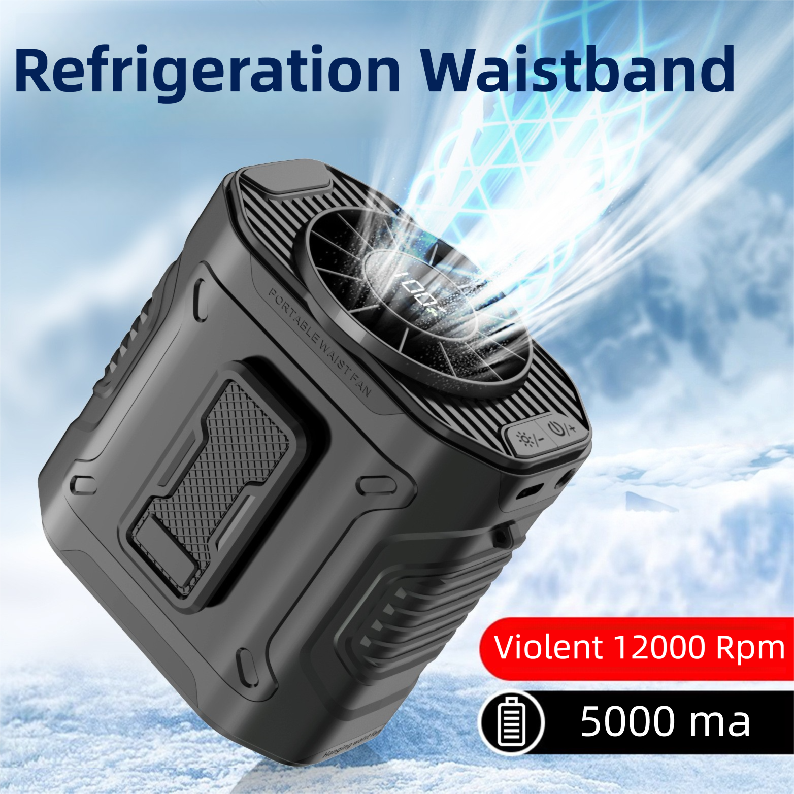 Black Portable Waist Fan - Construction Site Cooling Solution with 360° Turbo Ice Engine, 100 Speed Gears, and LED Light