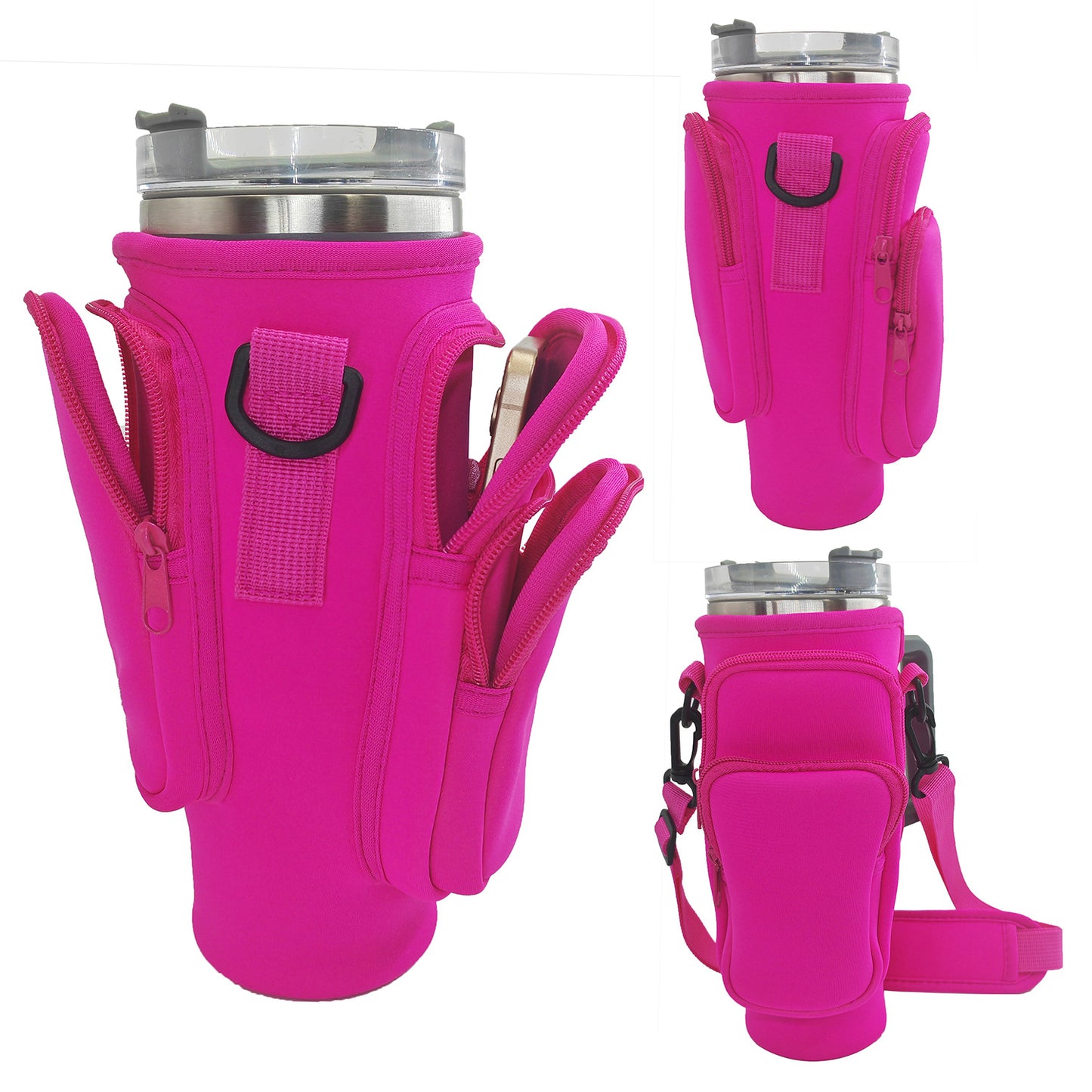 40oz Rose Red Insulated Tumbler Carrier Sleeve with Adjustable Shoulder Strap - Neoprene Triple-Pocket Holder for Outdoor and Car Use