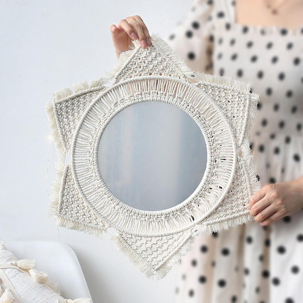 M0864 Bohemian Macrame Wall Hanging Mirror with Hand-Woven Petal Accents - Artistic Round Fringe Mirror for Home Decor