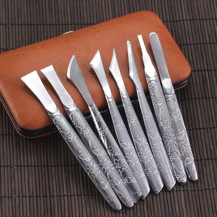 8-Piece Orchid Pattern Stainless Steel Pedicure Tool Set - Precision Tools with Leather Case for Ingrown Toenail & Dead Skin Removal