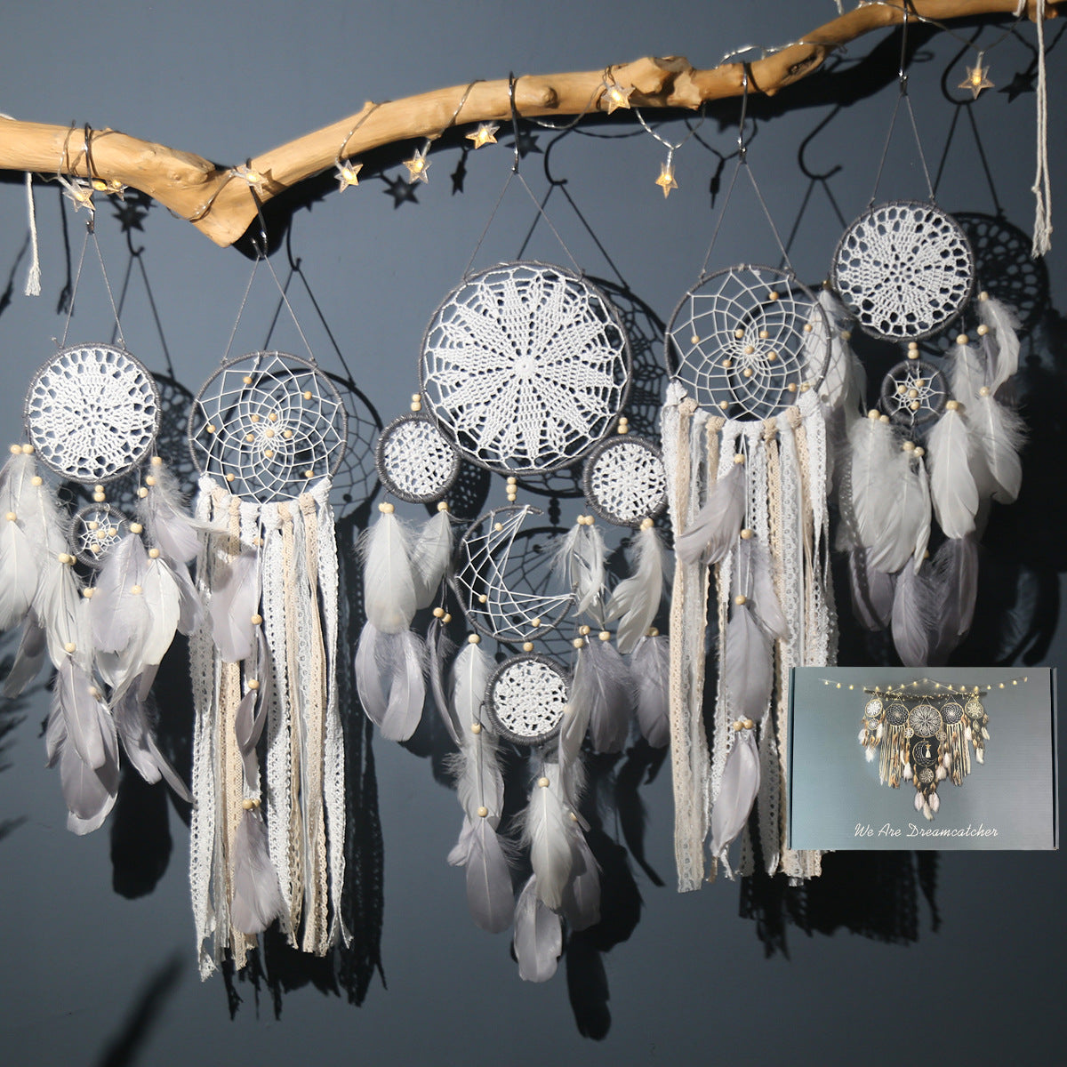 5-Piece Bohemian Handmade Dreamcatcher Wall Hanging Set (Grey) - Nordic Style Feather Room Decor with Premium Gift Box